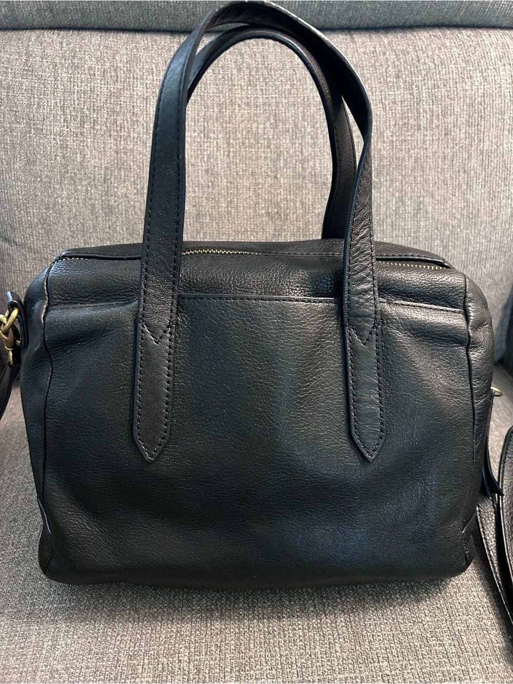 Fossil Sydney Black Leather Satchel Bag with Crossbody Strap & gold hardware